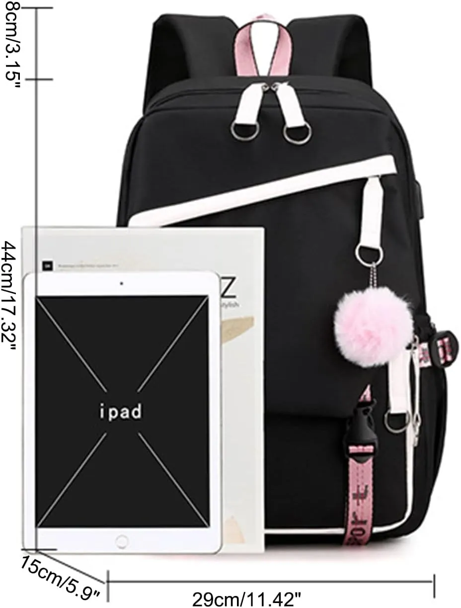 JiaYou Teen Girls Laptop Backpack Junior Middle School Daypack with USB Charge Port(Black,19 Liters)
