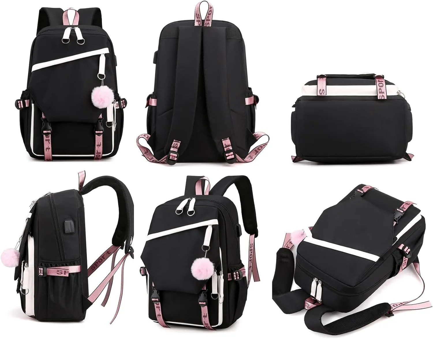 JiaYou Teen Girls Laptop Backpack Junior Middle School Daypack with USB Charge Port(Black,19 Liters)