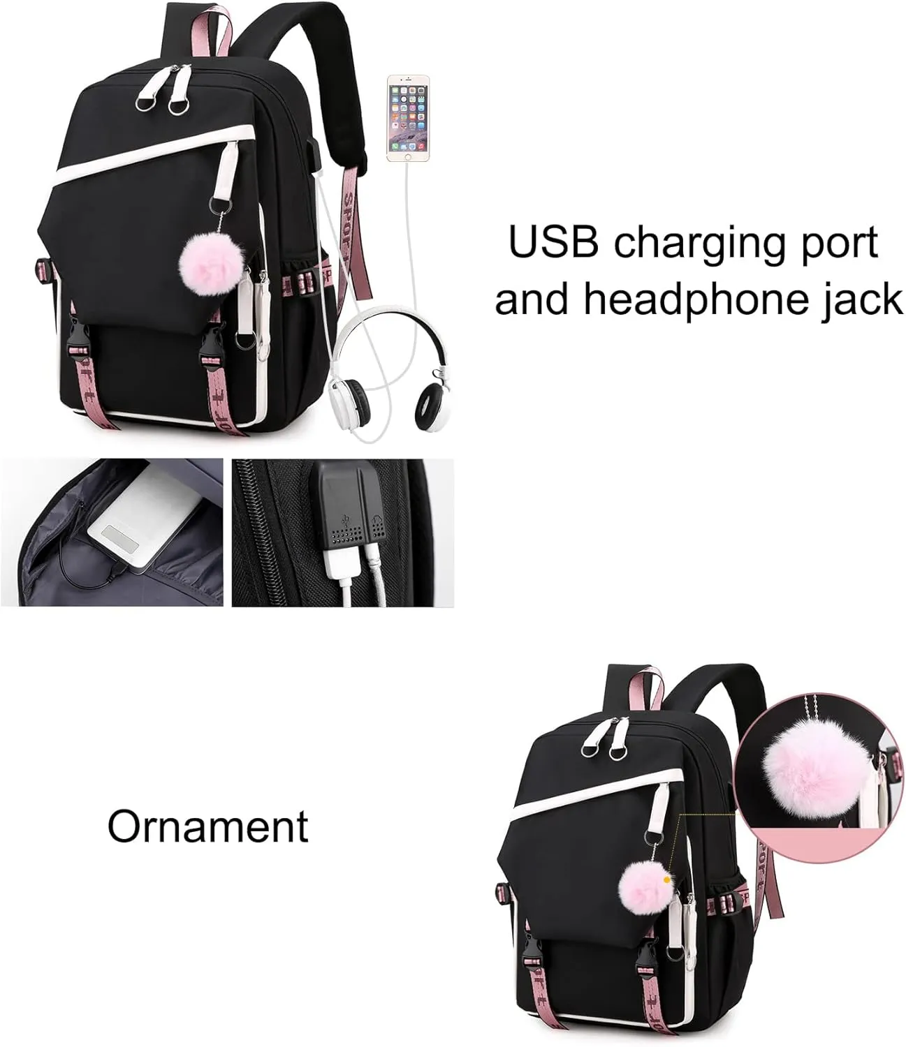JiaYou Teen Girls Laptop Backpack Junior Middle School Daypack with USB Charge Port(Black,19 Liters)