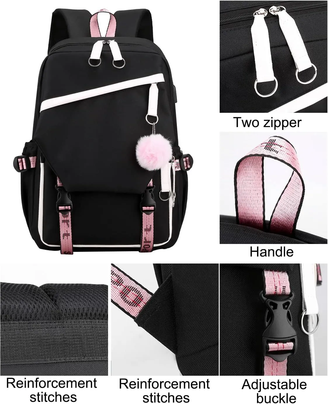 JiaYou Teen Girls Laptop Backpack Junior Middle School Daypack with USB Charge Port(Black,19 Liters)