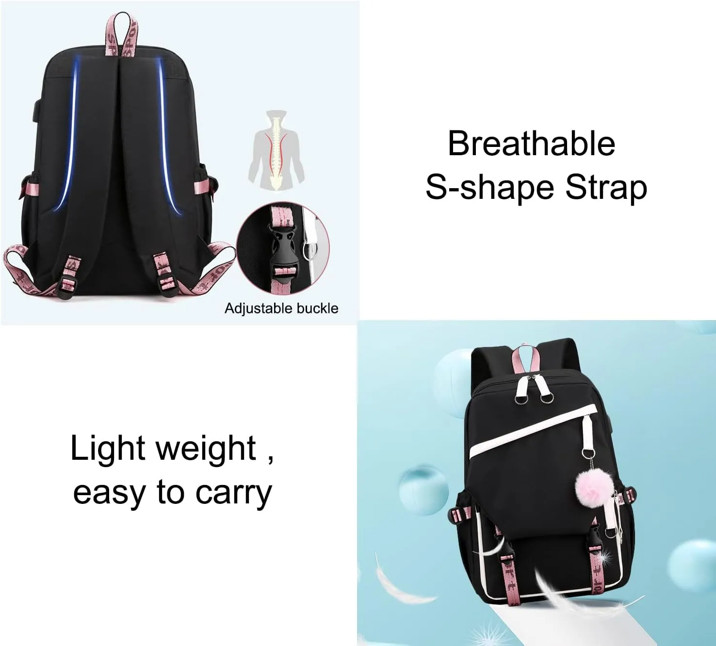 JiaYou Teen Girls Laptop Backpack Junior Middle School Daypack with USB Charge Port(Black,19 Liters)