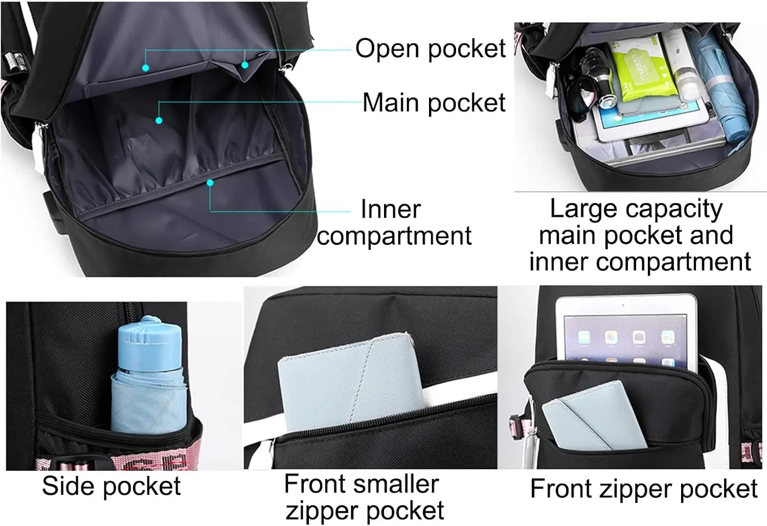 JiaYou Teen Girls Laptop Backpack Junior Middle School Daypack with USB Charge Port(Black,19 Liters)