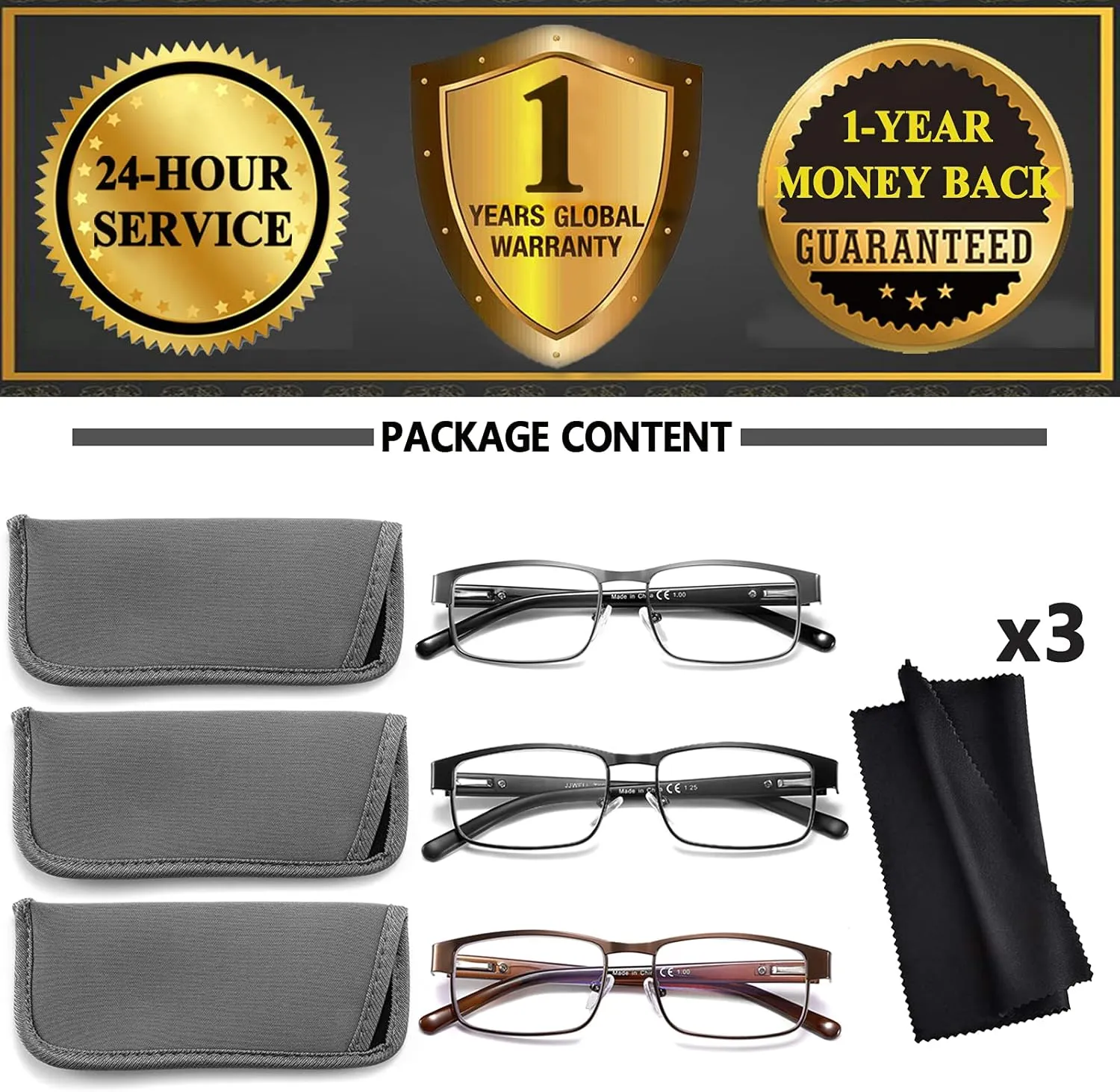 JJWELL 3 Pack Blue Light Blocking Reading Glasses for Men Anti Computer Glare/Eyestrain Spring Hinge Readers with Pouches