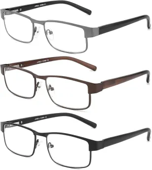JJWELL 3 Pack Blue Light Blocking Reading Glasses for Men Anti Computer Glare/Eyestrain Spring Hinge Readers with Pouches