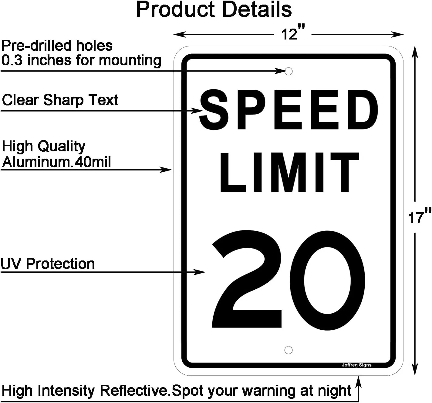 Joffreg Speed Limit 20 MPH Sign,17 x12 Inches,Reflective Aluminum (2 Pack)