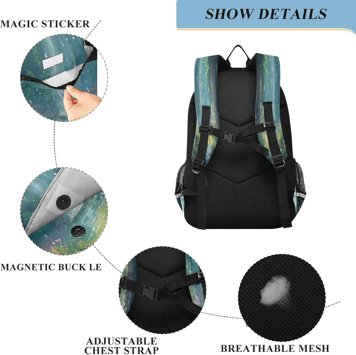 Joisal Fantasy Forest with Trees and Flowers Bookbag for School Girls Waterproof Travel Backpack Kids Ages 6-12