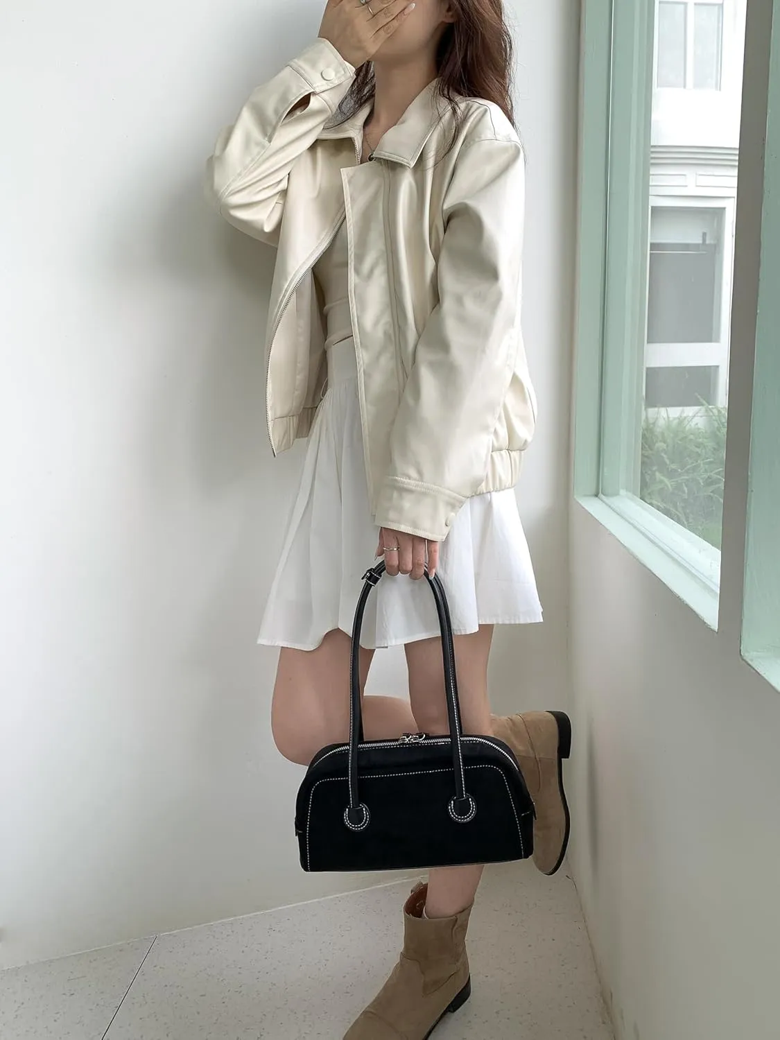 JOLLQUE Suede Shoulder Bag for Women,Vintage Small Top Handle Handbag,Trendy Retro Winter Autumn To Go Purse