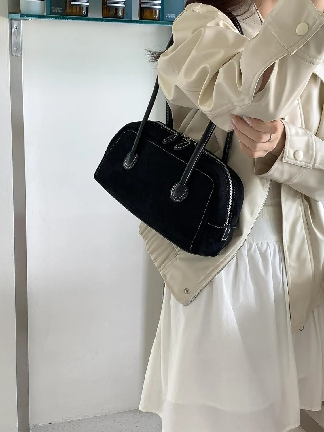 JOLLQUE Suede Shoulder Bag for Women,Vintage Small Top Handle Handbag,Trendy Retro Winter Autumn To Go Purse