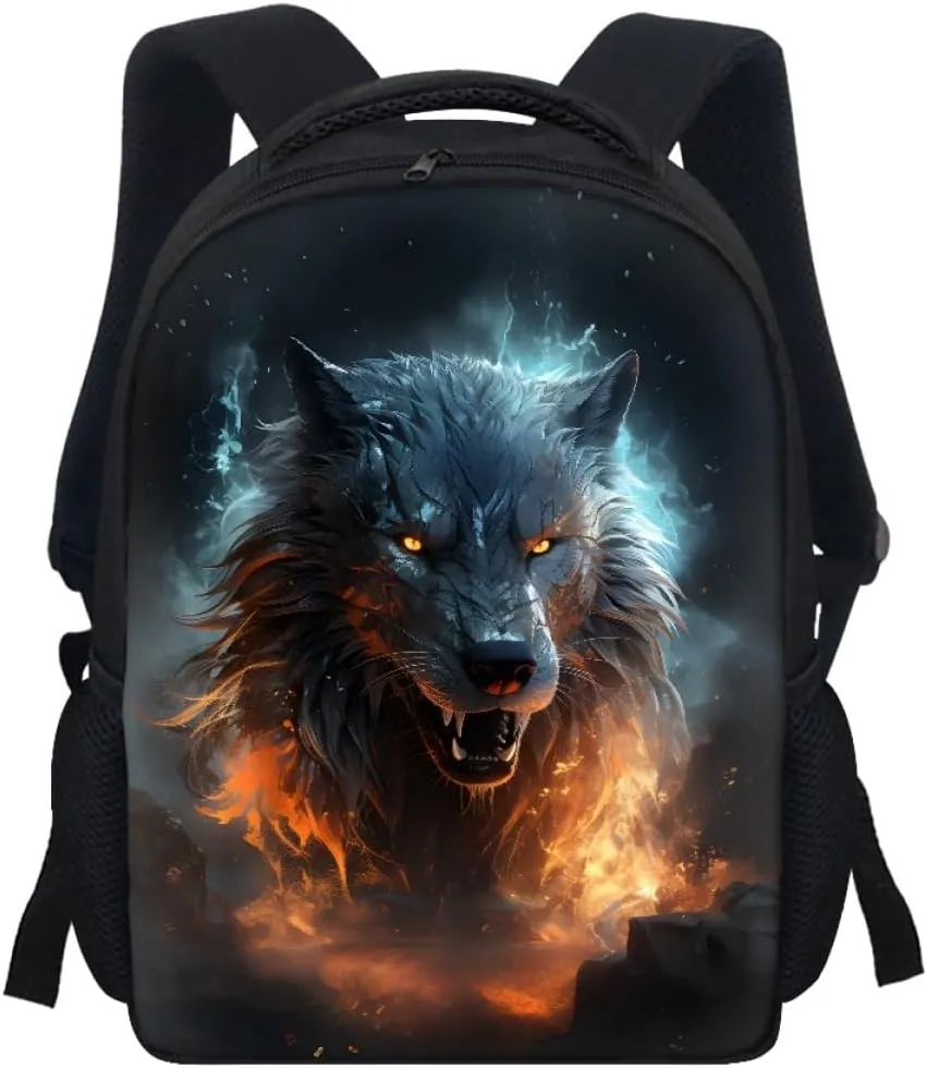 JooMeryer Kids Animal Backpack Cool Wolf Fox Print Shoulder Bag for Boys Girls Teenager Casual Rucksack Schoolbag, 12inch,Anger Wolf