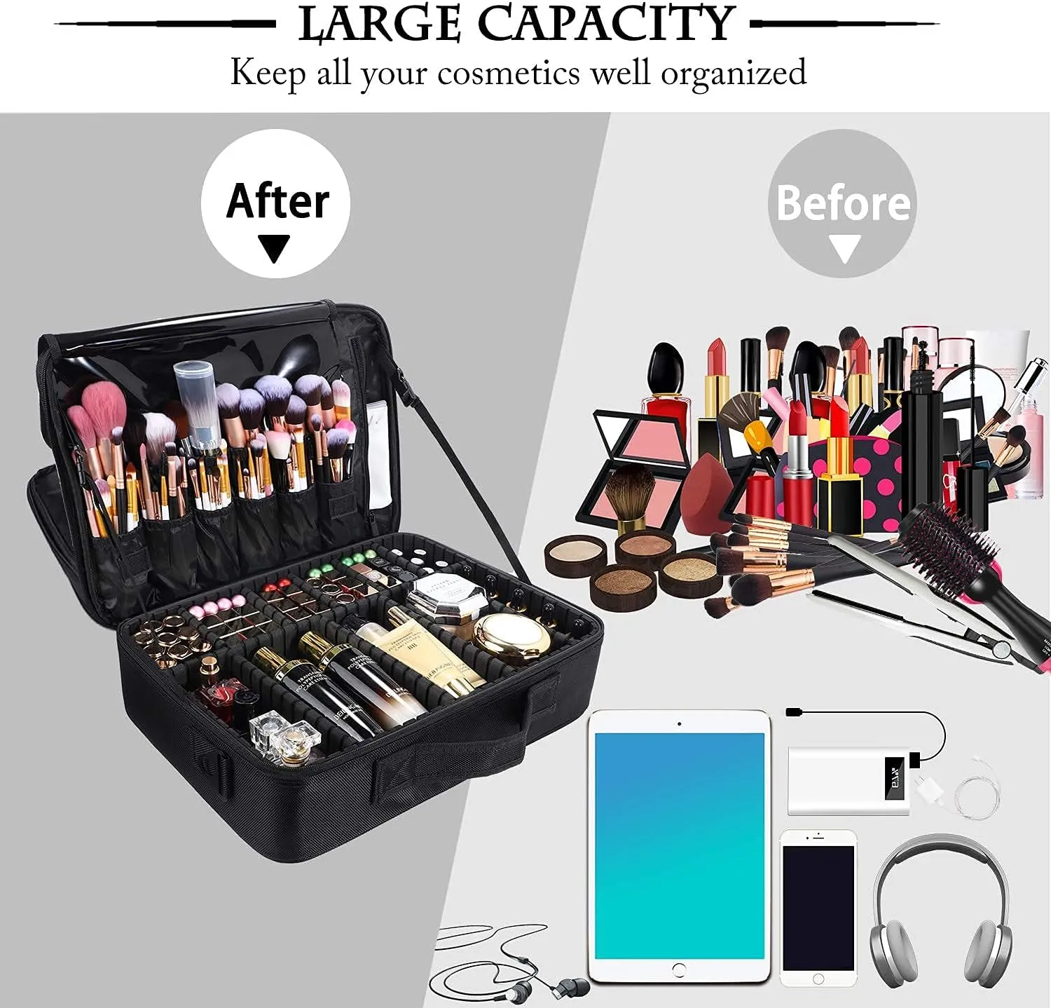 JOURMON Travel Makeup Case Portable Makeup Train Case Organizer Cosmetic Bag with Adjustable Dividers and Shoulder Strap for Makeup Brushes Toiletry Travel Accessories(Pure Black, L)