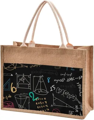 Jute Burlap Tote Math Formula Diagram Education Blackboard Multicolored Large Beach Bag Reusable Grocery Shopping Storage Bag