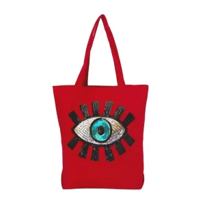 Karens Line Canvas Shoulder Bag with Evil Eye Sequins Handbags for Women Red Color Tote Bag
