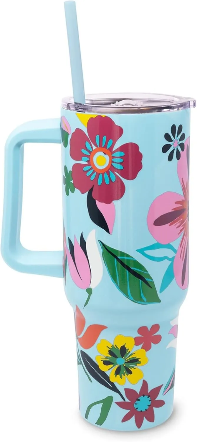 kate spade new york 40 Ounce Tumbler with Handle and Straw, Double Wall Stainless Steel Insulated Cup, Cupholder Friendly 40 oz Cup, Metal Drinking Cup for Hot or Cold Drinks (Safari Floral)