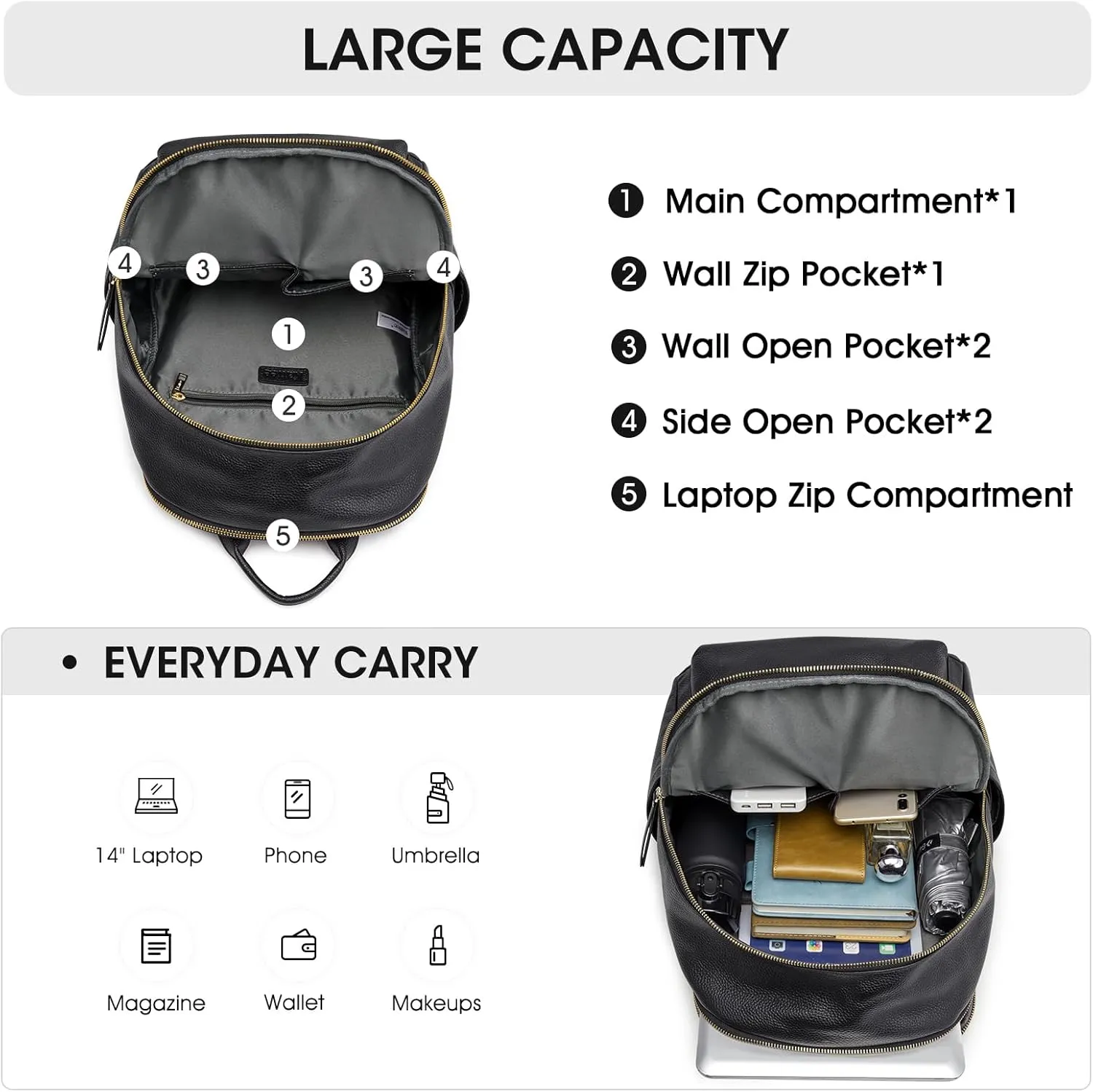 Kattee Genuine Leather Backpack Purse for Women Multi-functional Elegant Daypack Soft Leather Shoulder Bag Shopping Trip, Large, Black