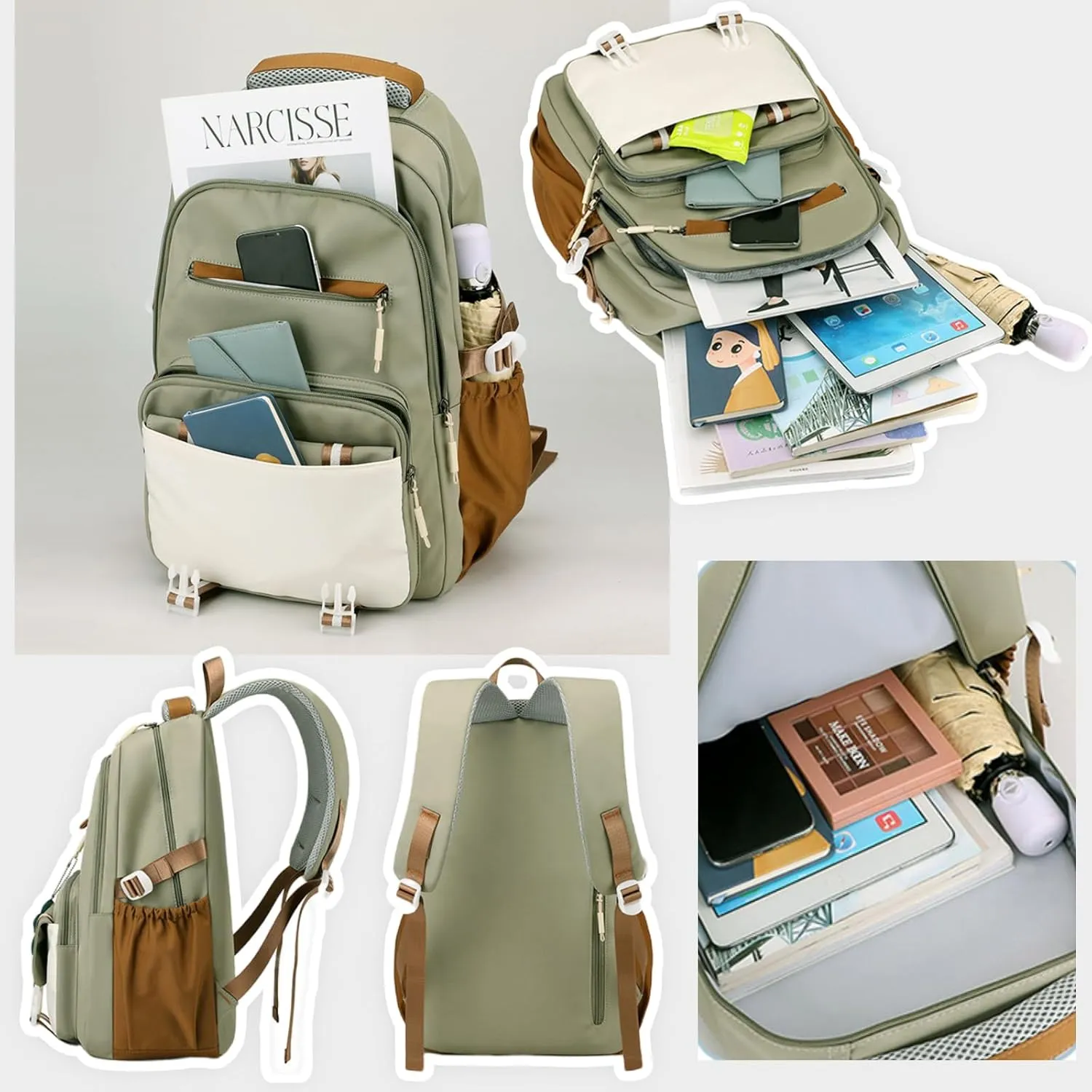 Kawaii Backpack with Cute Accessories Pendant Travel Bag Large Outdoor Waterproof Casual Daypack Women Men (White)