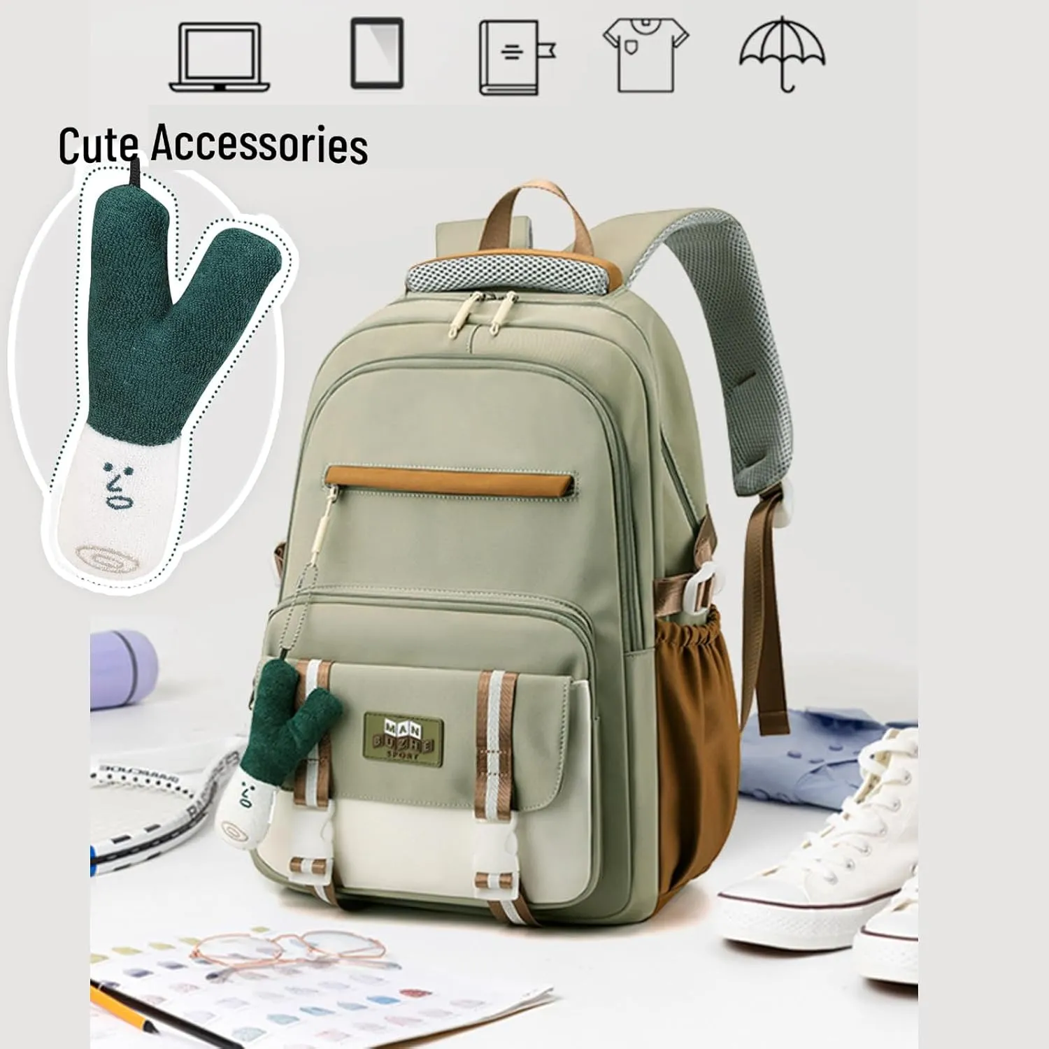 Kawaii Backpack with Cute Accessories Pendant Travel Bag Large Outdoor Waterproof Casual Daypack Women Men (White)
