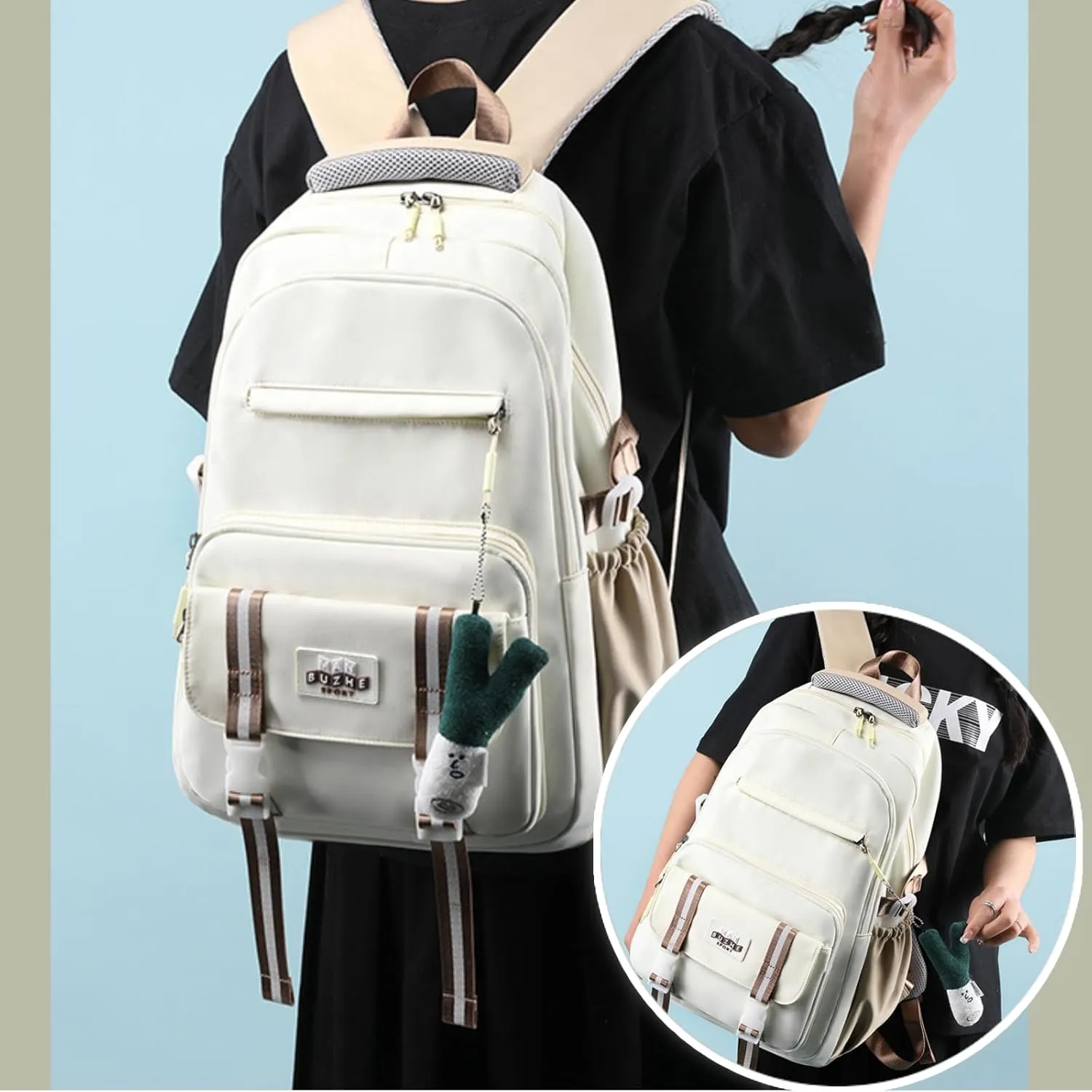 Kawaii Backpack with Cute Accessories Pendant Travel Bag Large Outdoor Waterproof Casual Daypack Women Men (White)