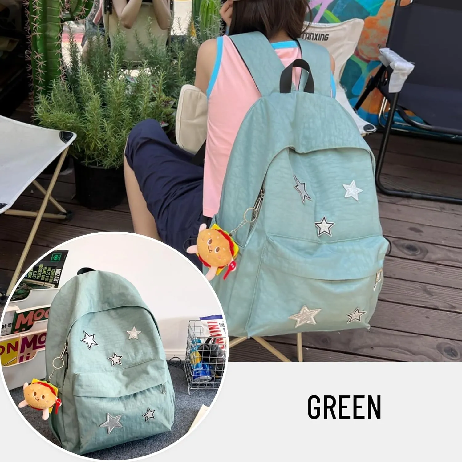 Kawaii Backpack with Cute Accessories Pendant Travel Casual Daypack Lightweight Laptop Bags Outdoor Women (Green)