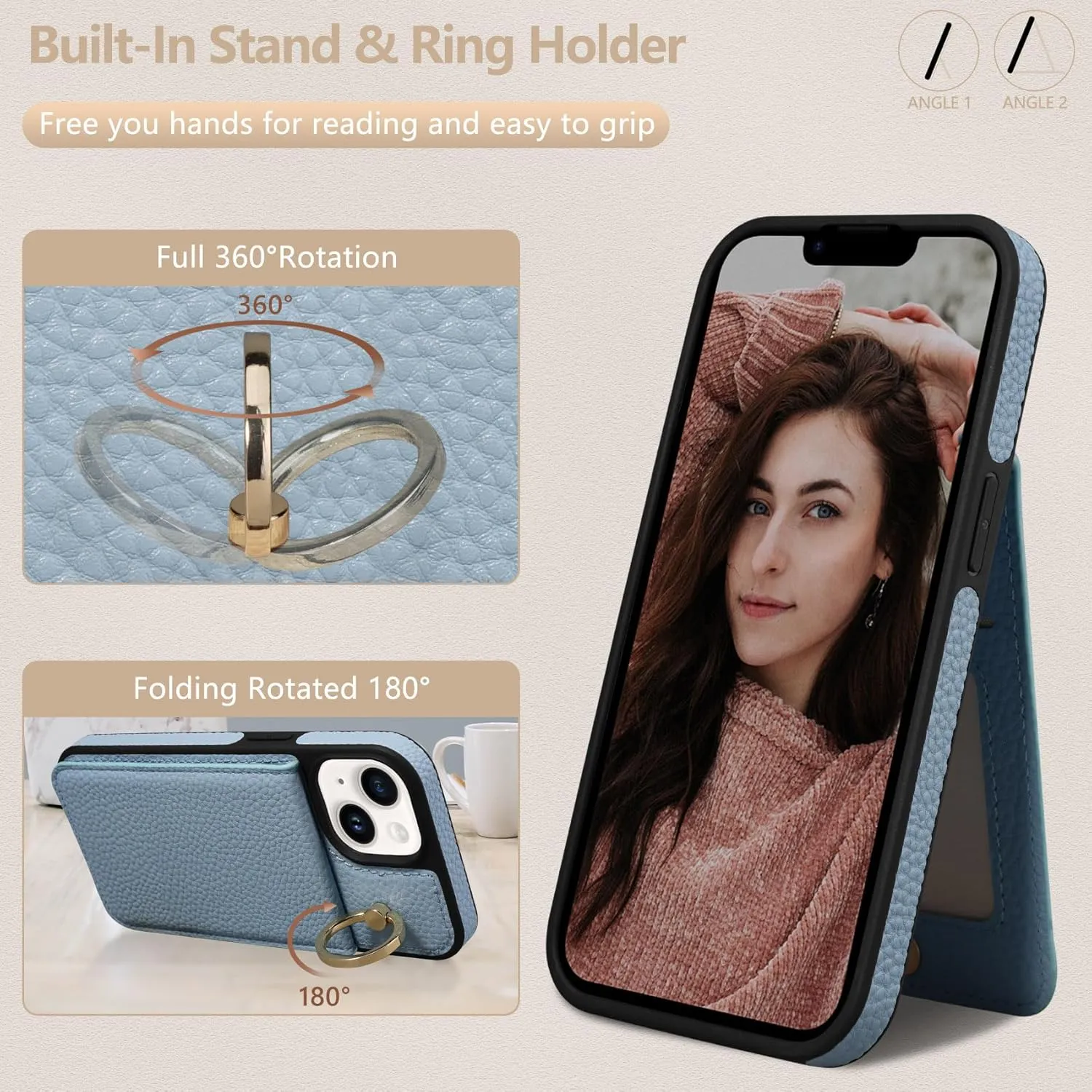 Keallce Case for iPhone 13 6.1'', Detachable Crossbody Case Wallet with RFID Blocking Card Holder, 360?Ring Stand, Folio Leather Phone Cover Shoulder Lanyard Strap Lady for iPhone 13 2021 5G, Blue