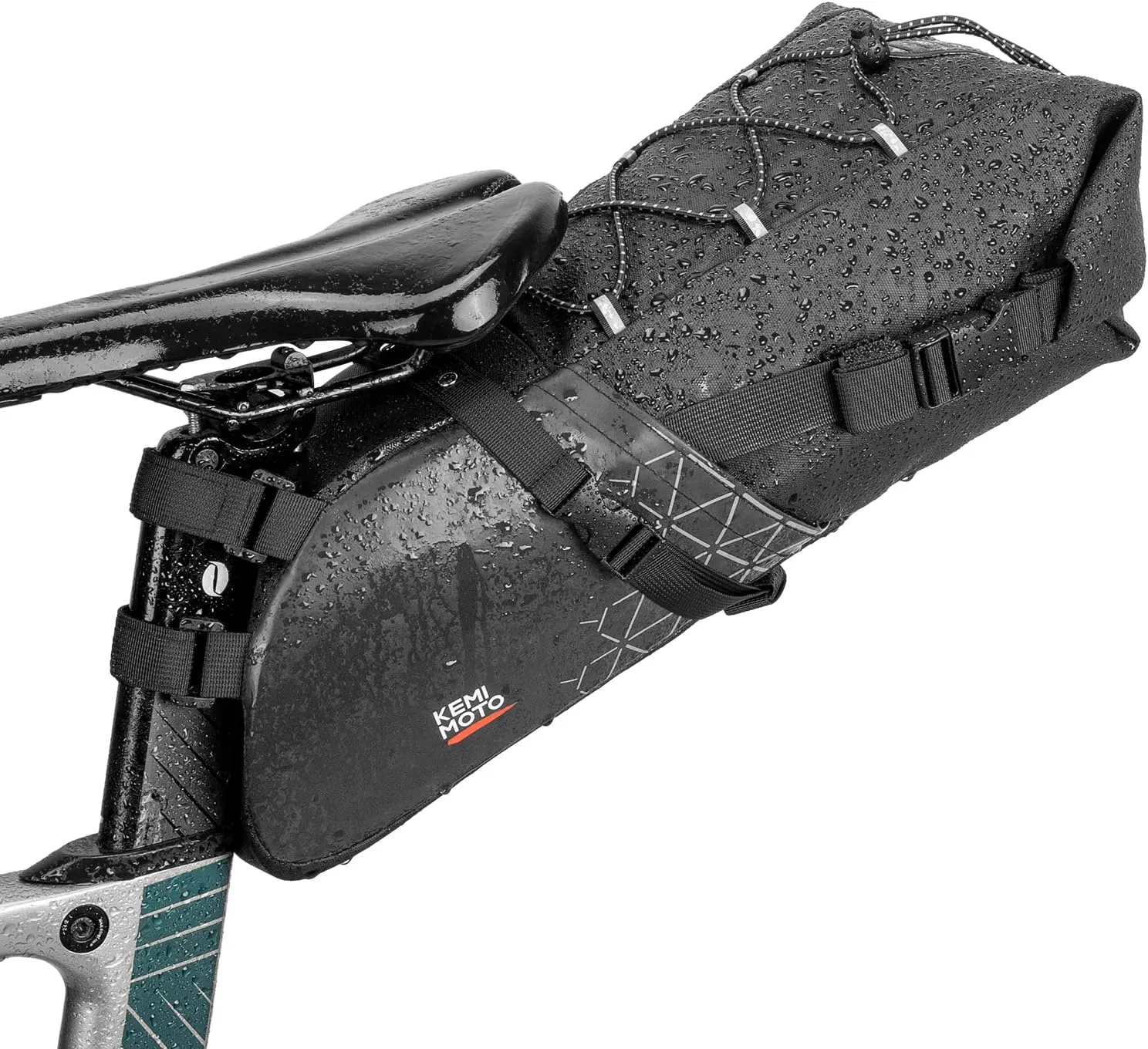 KEMIMOTO Bike Seat Bag, Max 15L Fully Waterproof Bikepacking Saddle Pouch, Road Bicycle Rear Pack Under Seat with PVC Reflective Panel, Four Bottom Hardboards