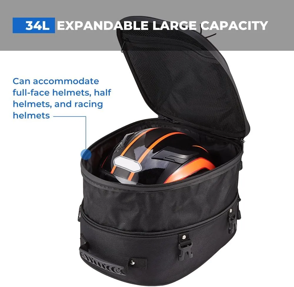 KEMIMOTO Motorcycle Tail Bag, Dual Use Motorcycle Rear Seat Bag with Waterproof Rain Cover, 22L-34L Expandable Motorbike Helmet Bag Luggage Storage Backpack with 6 straps