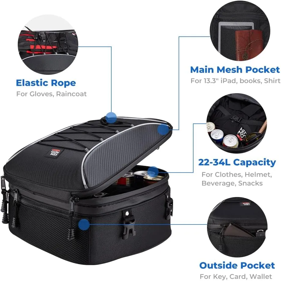 KEMIMOTO Motorcycle Tail Bag, Dual Use Motorcycle Rear Seat Bag with Waterproof Rain Cover, 22L-34L Expandable Motorbike Helmet Bag Luggage Storage Backpack with 6 straps