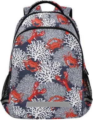 Kids Backpack for Boys Girls Bookbags Crab Lobster Coral School Backpack Elementary Bags Travel Daypack Lightweight Waterproof with Reflective Strip
