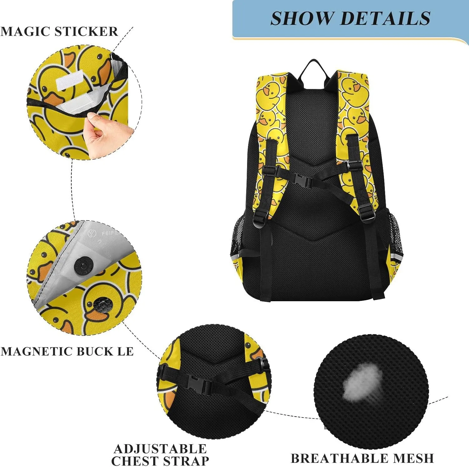 Kids Backpack for Boys Girls Bookbags Elementary Backpack Yellow Rubber Duck School Bags Travel Daypack Lightweight Waterproof with Reflective Strip