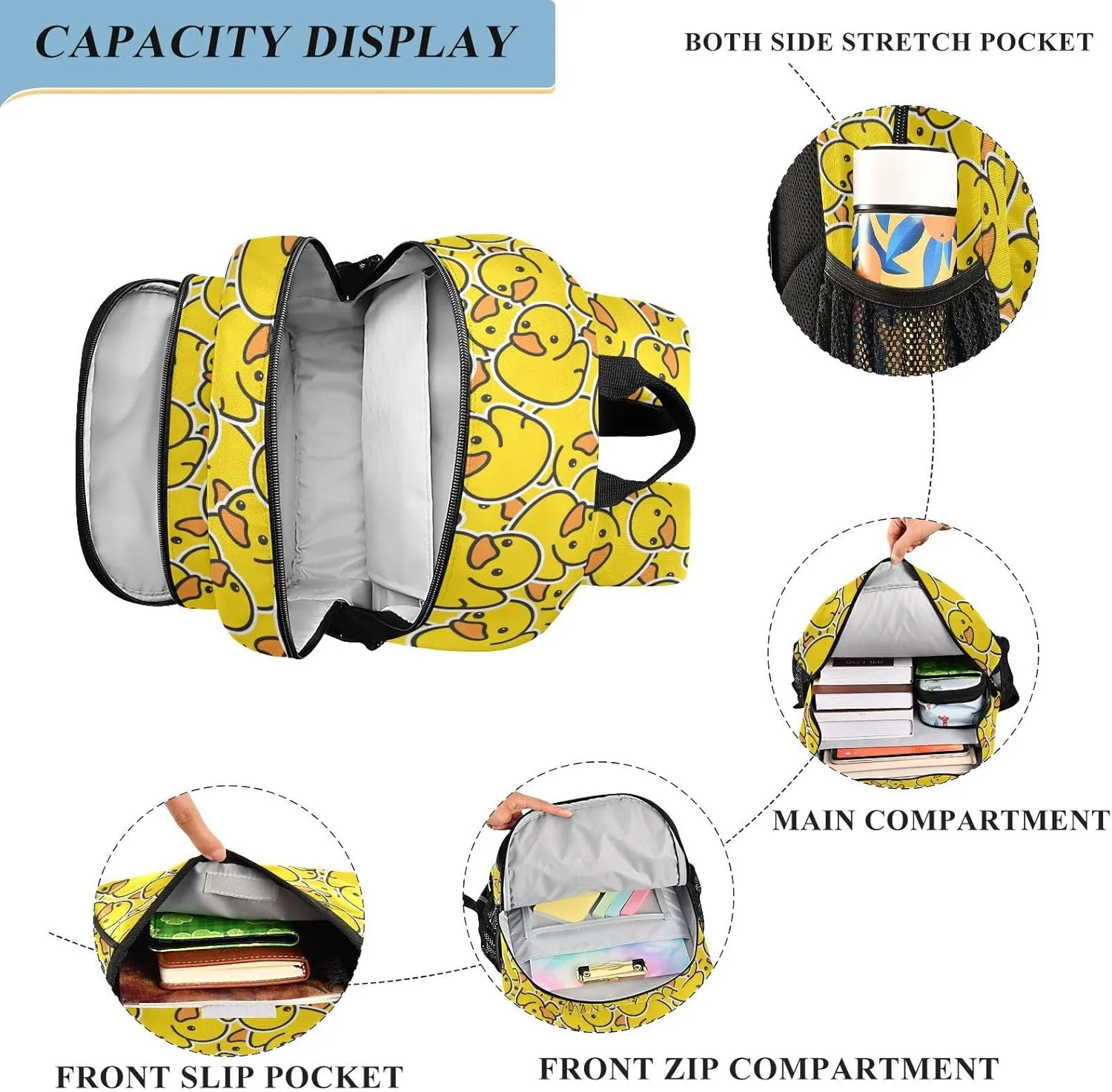 Kids Backpack for Boys Girls Bookbags Elementary Backpack Yellow Rubber Duck School Bags Travel Daypack Lightweight Waterproof with Reflective Strip