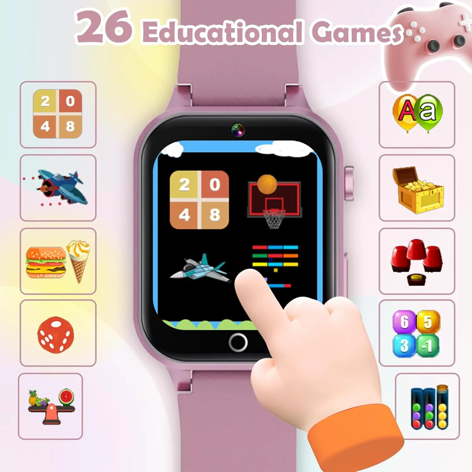 Kids Games Watch, with 26 Puzzle Games, Touch Screen, HD Camera, Alarm Clock, Toys for Ages 4-12 Years Old.Birthday Gift for Boys Girls (Pink)