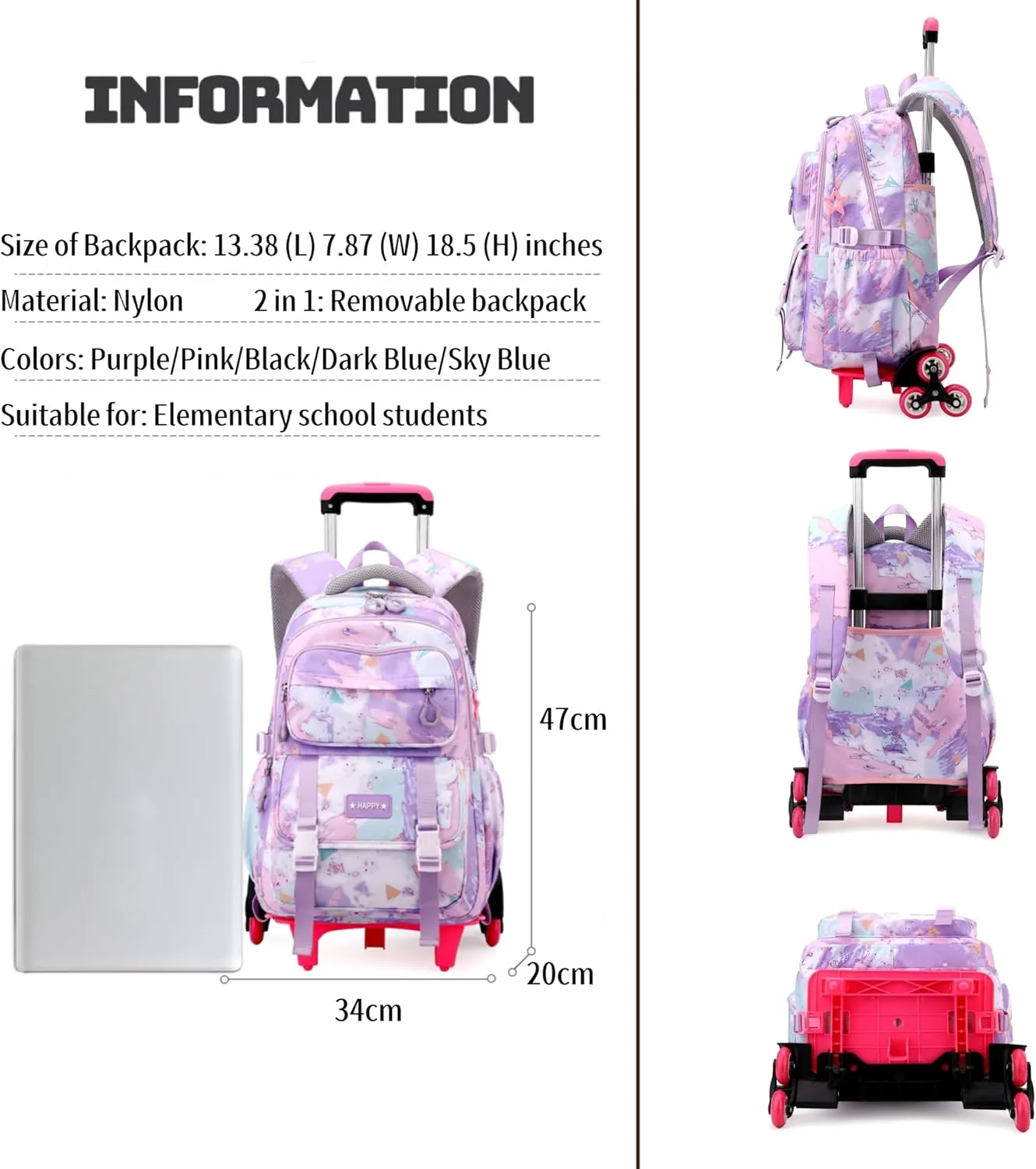 Kids Rolling Backpack for Girls School Backpack with Wheels for Boys Wheeled Bookbag Trolley Bag for Primary Student