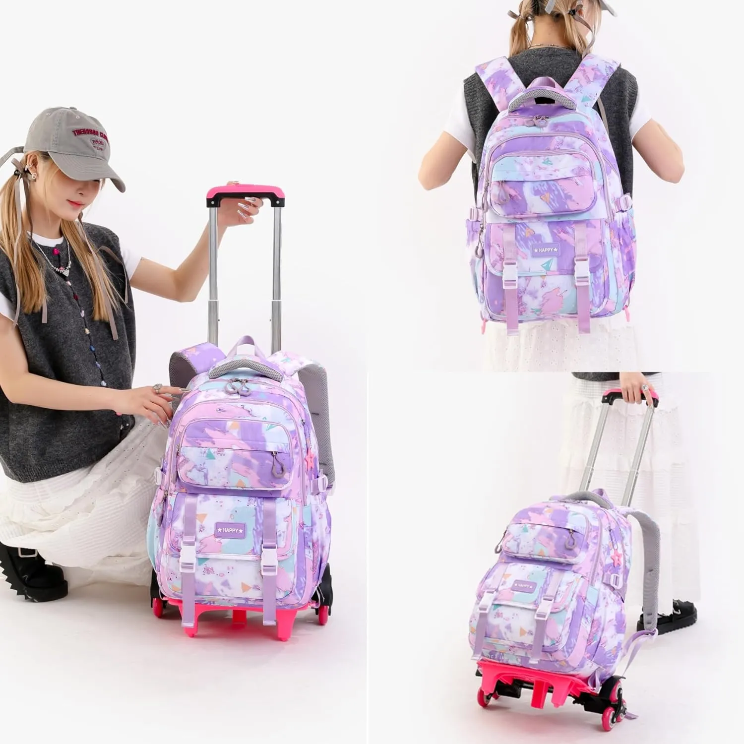 Kids Rolling Backpack for Girls School Backpack with Wheels for Girls Wheeled Bookbag Trolley Bag for Primary Student