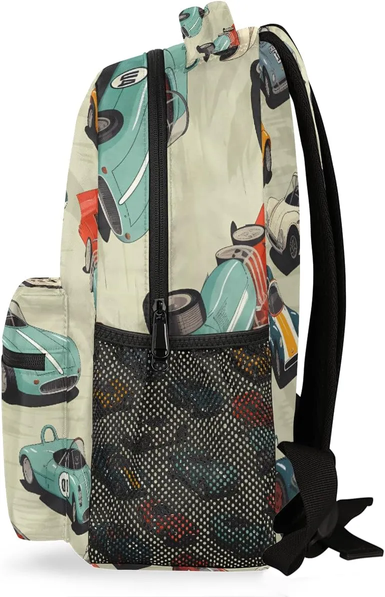 Kids School Backpack Cool Race Cars Pattern Large Bookbag for Elementary Students Boys Girls Lightweight Travel Casual Daypack Water Resistant Outdoor Hiking Sport Rucksack