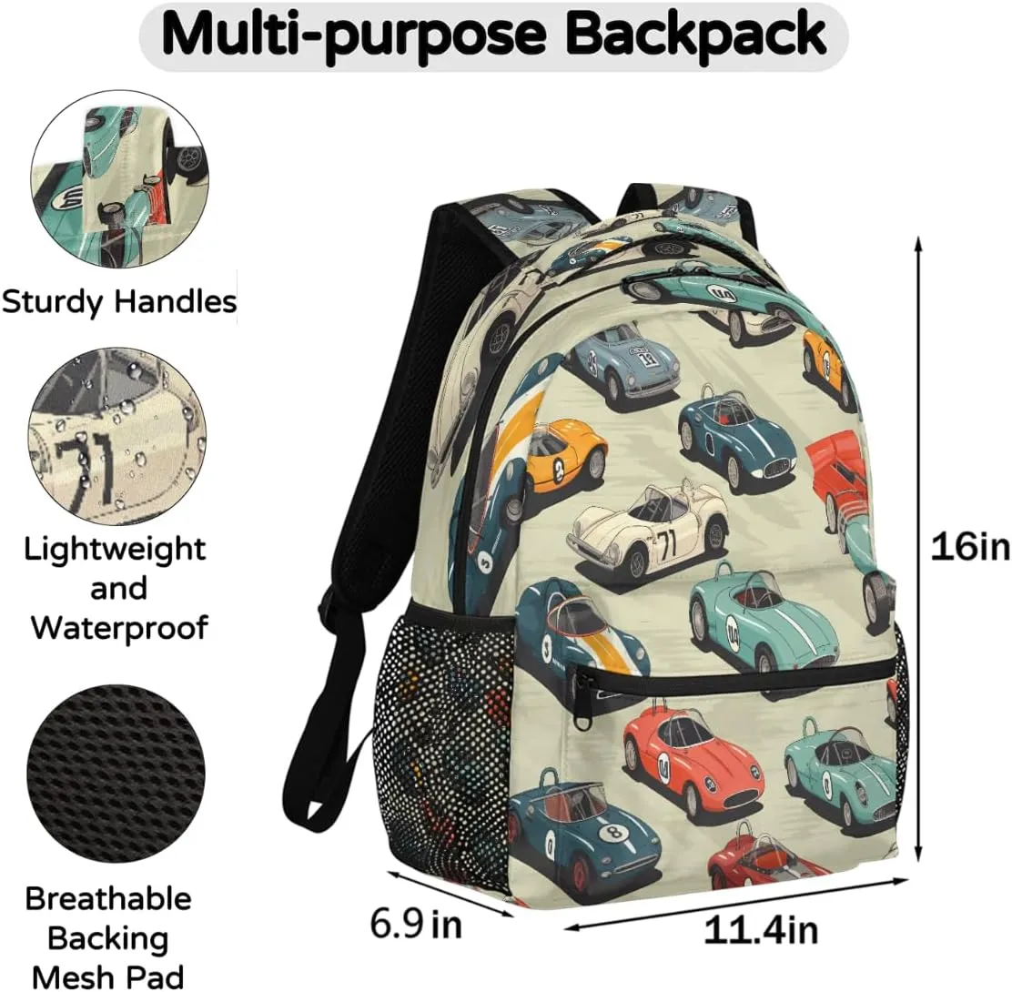 Kids School Backpack Cool Race Cars Pattern Large Bookbag for Elementary Students Boys Girls Lightweight Travel Casual Daypack Water Resistant Outdoor Hiking Sport Rucksack