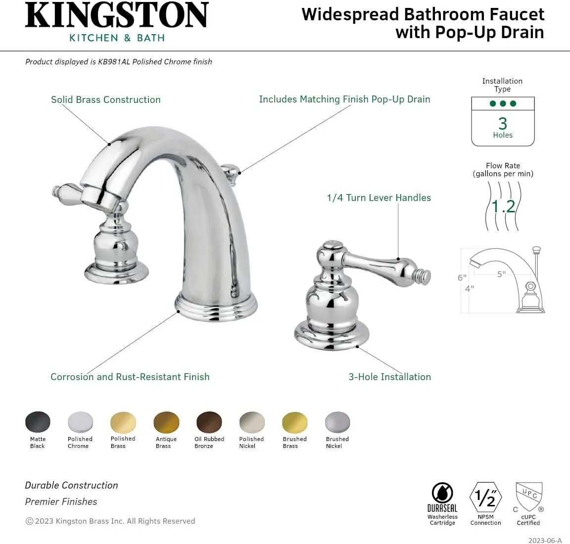 Kingston Brass KB988AL Victorian Widespread Lavatory Faucet with Metal lever handle, Brushed Nickel
