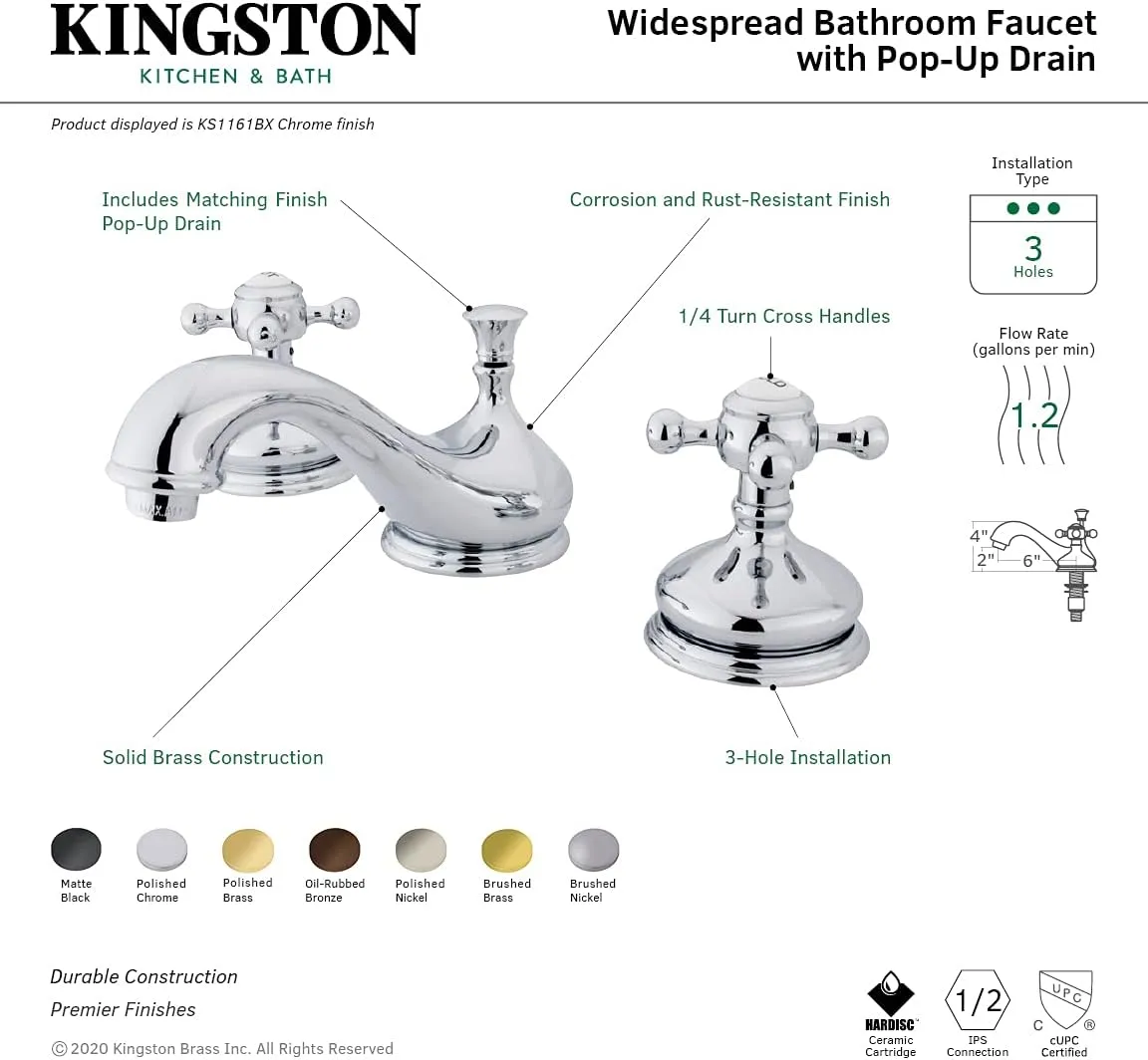 Kingston Brass KS1168BX Vintage Widespread Lavatory Faucet with Metal Cross Handle, Brushed Nickel,8-Inch Adjustable Center