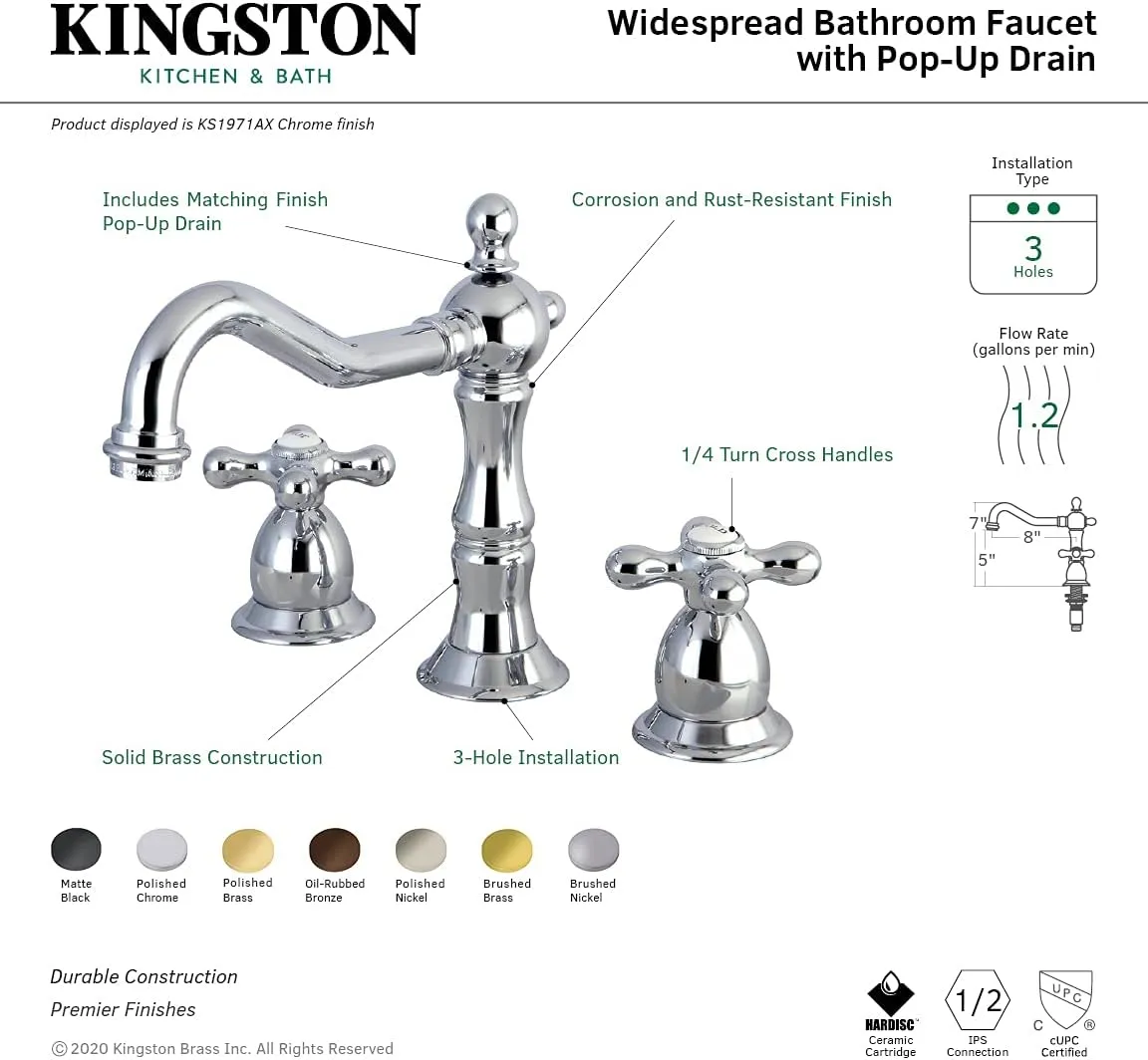 Kingston Brass KS1971AX Heritage Widespread Lavatory Faucet with Metal Cross Handle, Polished Chrome, 8-Inch Adjustable Center