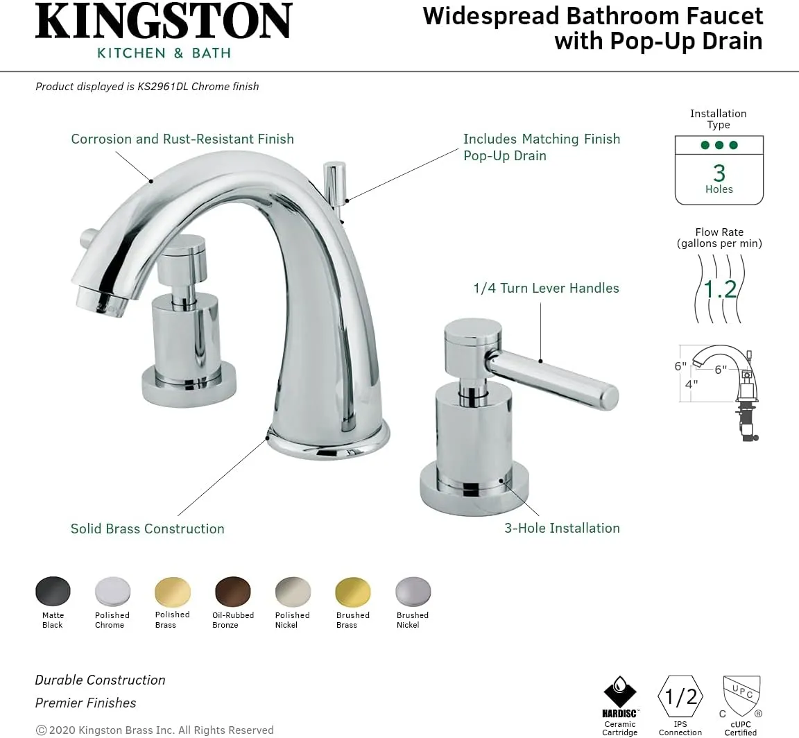 Kingston Brass KS2962DL Concord Widespread Lavatory Faucet with Metal lever handle, 7-Inch Spout Reach, Polished Brass
