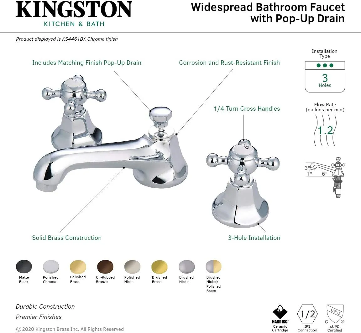 Kingston Brass KS4468BX Metropolitan Widespread Lavatory Faucet with Metal Cross Handle, Brushed Nickel,8-Inch Adjustable Center