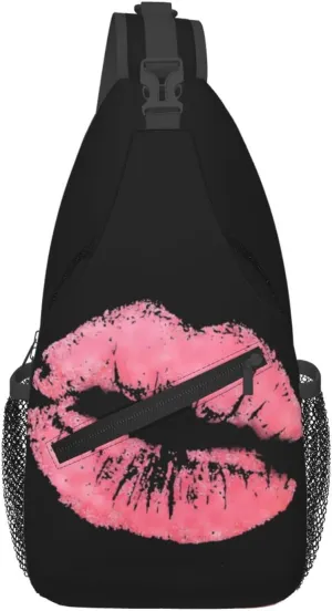 Kiss Pink Lips Print Crossbody Bag Cross Chest Bag Adjustable Sling Backpack Sports Gym Shoulder Bags Travel Cycling Daypack Diagonally Casual Rucksack