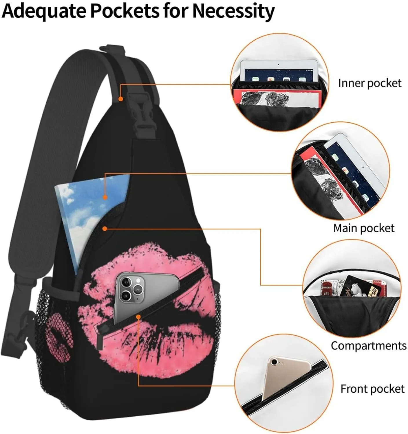 Kiss Pink Lips Print Crossbody Bag Cross Chest Bag Adjustable Sling Backpack Sports Gym Shoulder Bags Travel Cycling Daypack Diagonally Casual Rucksack
