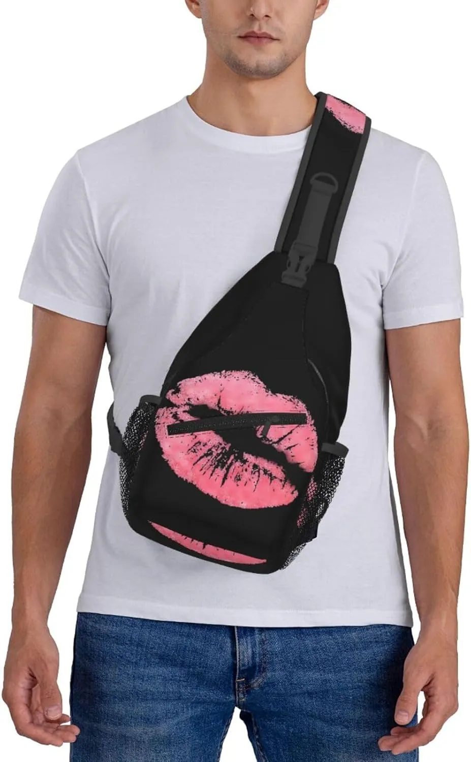 Kiss Pink Lips Print Crossbody Bag Cross Chest Bag Adjustable Sling Backpack Sports Gym Shoulder Bags Travel Cycling Daypack Diagonally Casual Rucksack