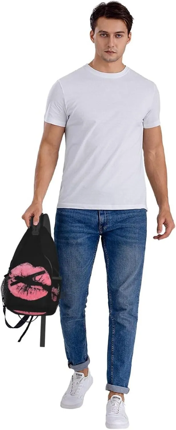 Kiss Pink Lips Print Crossbody Bag Cross Chest Bag Adjustable Sling Backpack Sports Gym Shoulder Bags Travel Cycling Daypack Diagonally Casual Rucksack