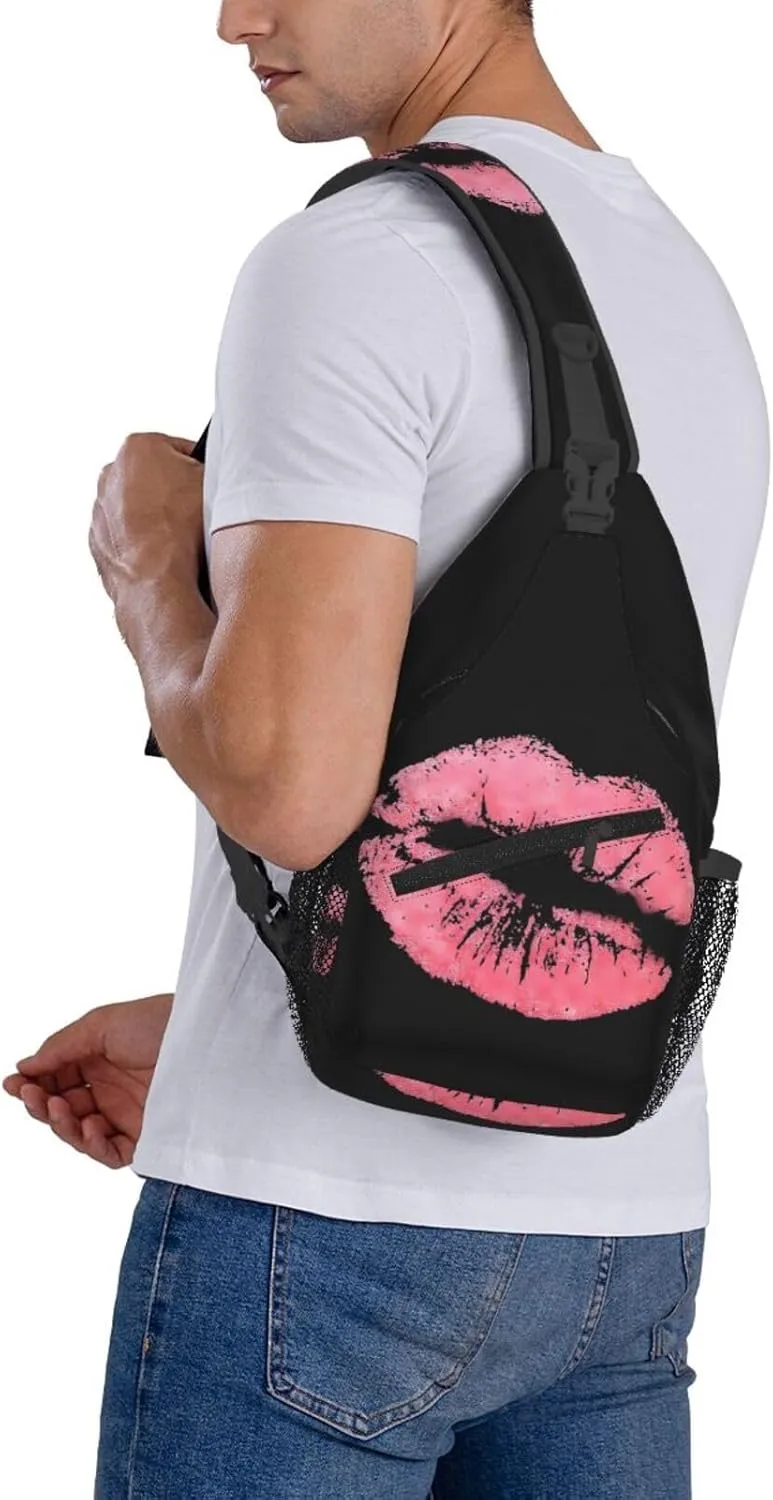 Kiss Pink Lips Print Crossbody Bag Cross Chest Bag Adjustable Sling Backpack Sports Gym Shoulder Bags Travel Cycling Daypack Diagonally Casual Rucksack