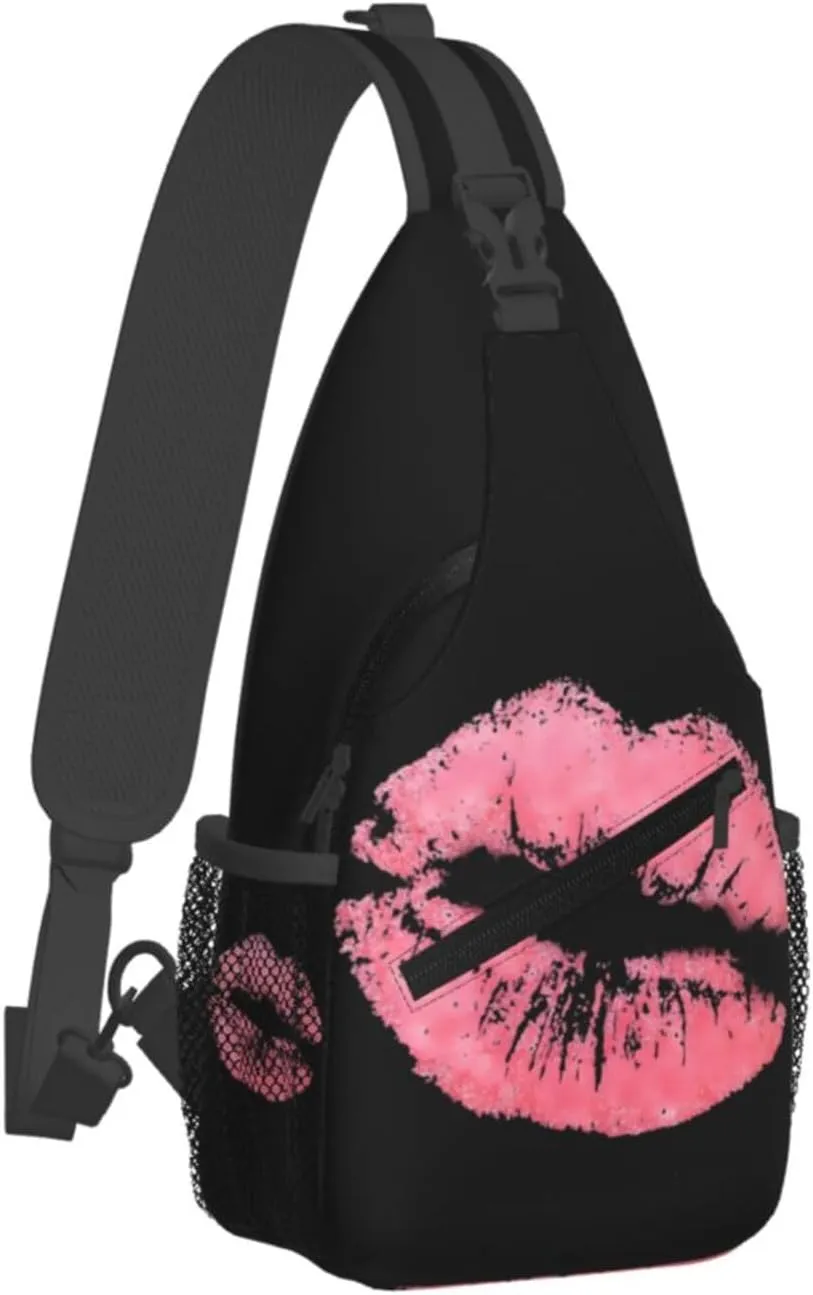 Kiss Pink Lips Print Crossbody Bag Cross Chest Bag Adjustable Sling Backpack Sports Gym Shoulder Bags Travel Cycling Daypack Diagonally Casual Rucksack
