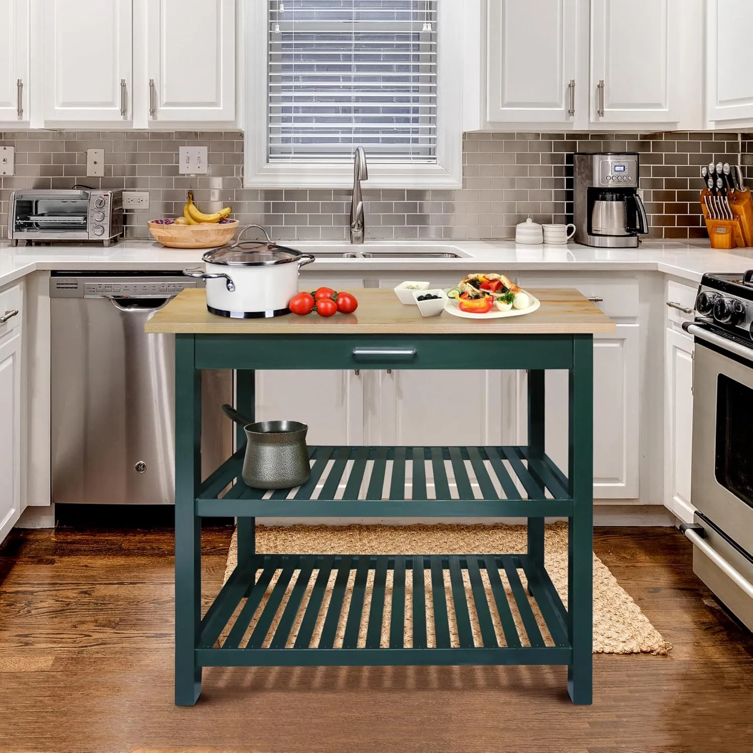 Kitchen Island with Solid Wood Top, Natural/Hunter Green