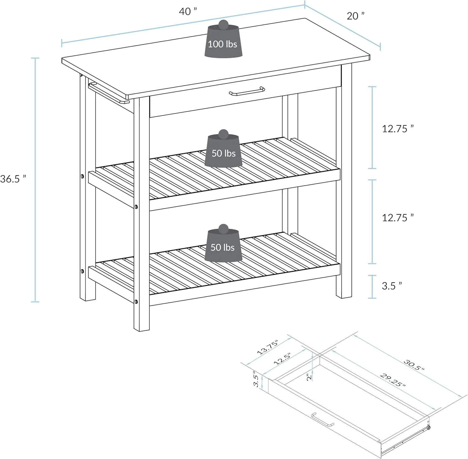 Kitchen Island with Solid Wood Top, Natural/Hunter Green
