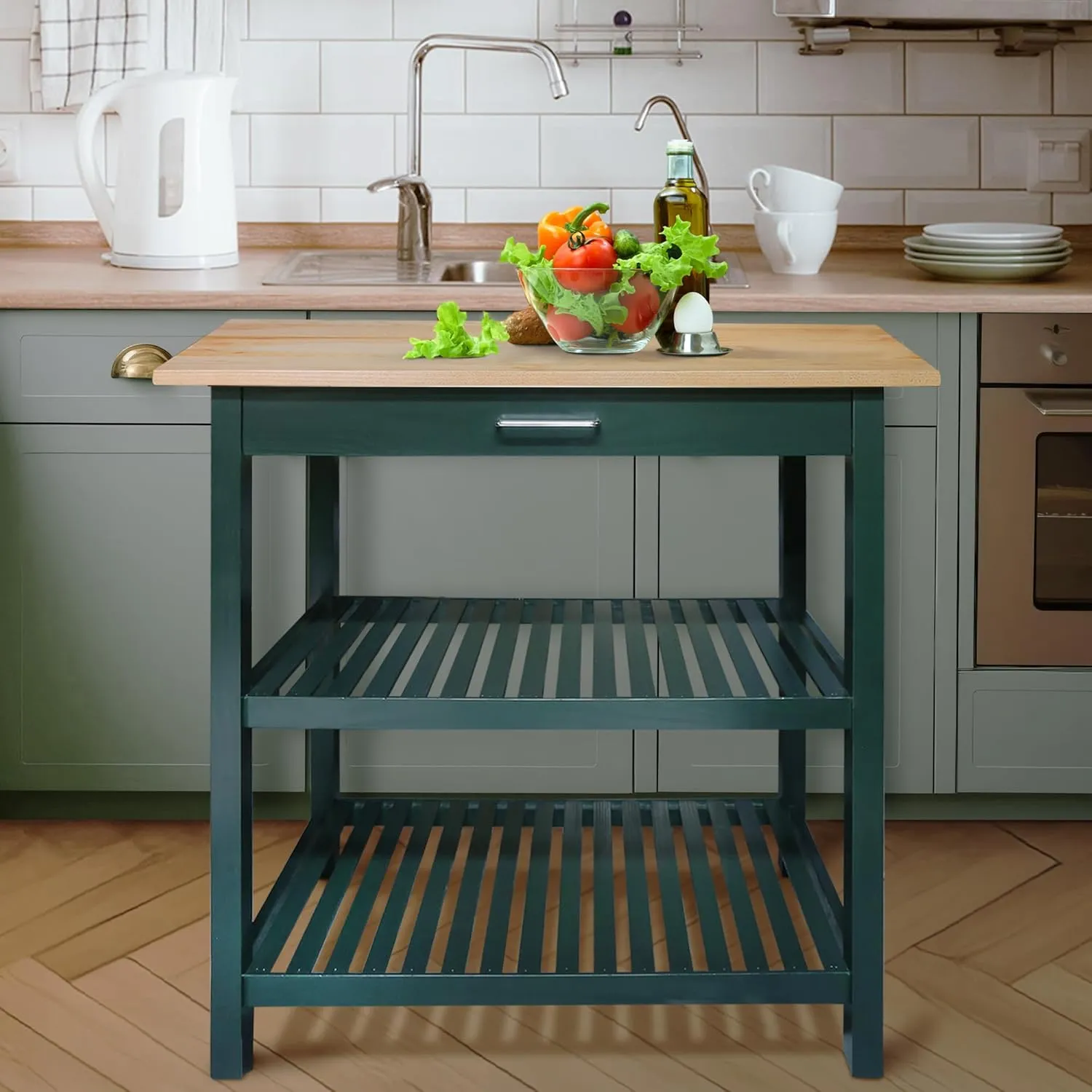 Kitchen Island with Solid Wood Top, Natural/Hunter Green