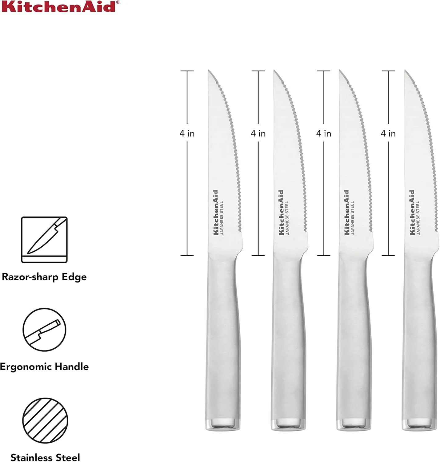 KitchenAid Gourmet Forged Steak Knife Set, High-Carbon Japanese Stainless Steel, 4 Piece, Brushed