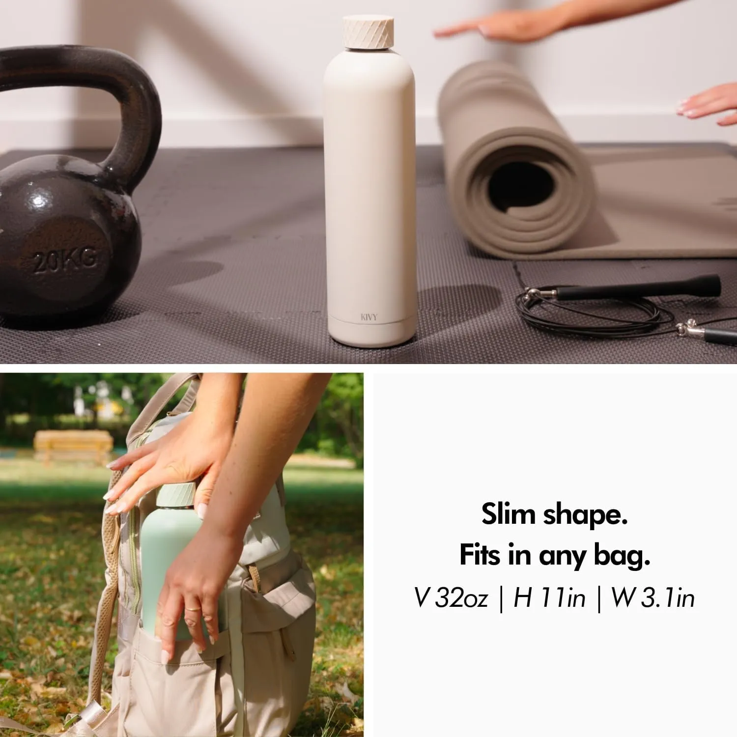 KIVY Insulated 32oz Leak Proof BPA-Free Metal Bottle - Slim, Screw Top, Black